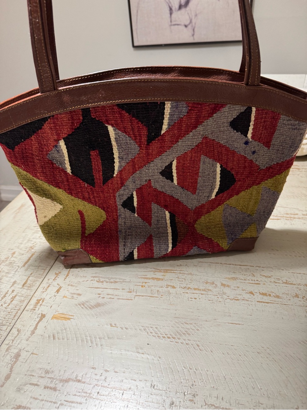 VTG YUN ART Woven Geometric Tote Bag Trim in Red, Olive & Brown Wool and Leather